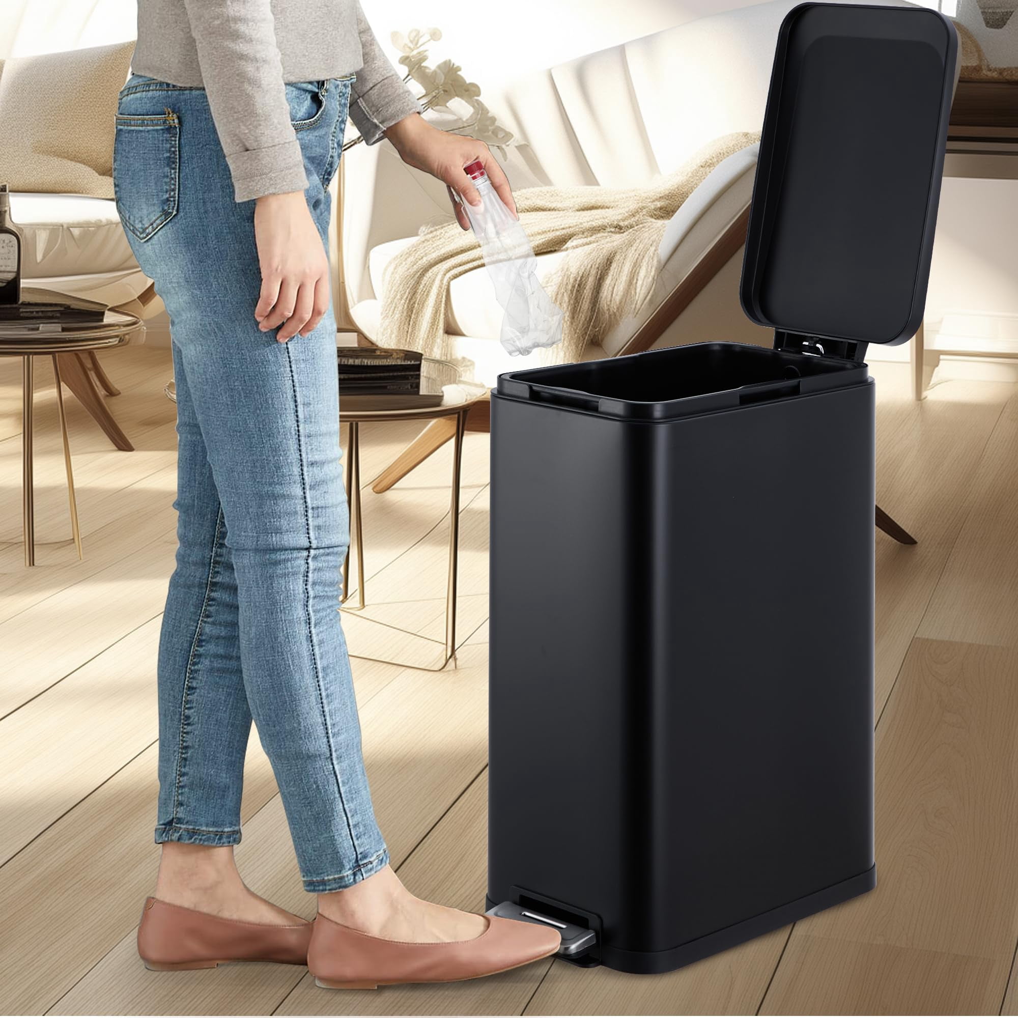 13 Gallon Tall Kitchen Garbage Can, Hands-Free Stainless Steel Trash Can with Lid Soft Close, Step Pedal, Slim Rectangular Fingerprint-Resistant Kitchen Trash Can with Removable Inner Bucket
