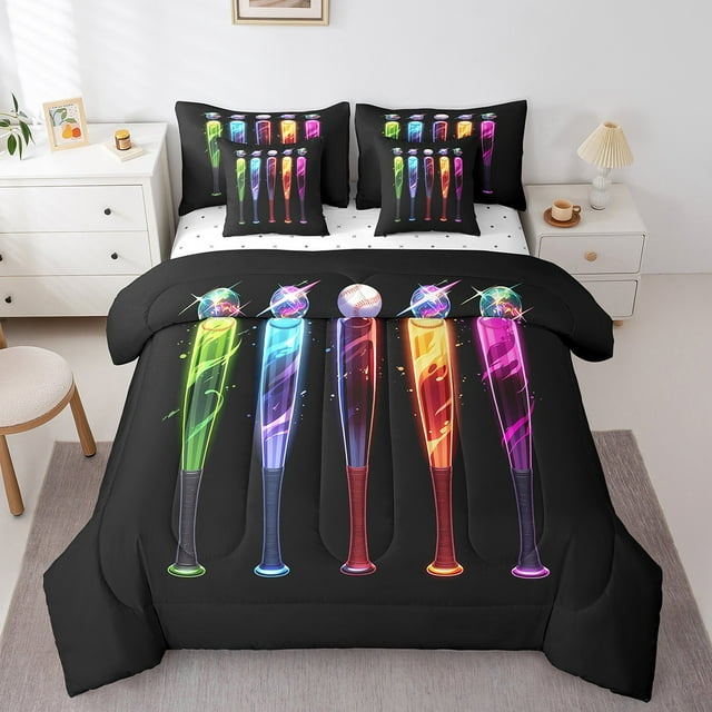 Baseball Bat 7 Piece Comforter Set Full Bed in a Bag,European Sports Ball,Softball Bedding Sets Glitter Neon Design Sheet Set with Comforter Competitive Game Room Decor