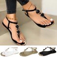 thumbnail image 6 of Xfvqtps Womens Thong Flat Sandals T-Strap Metal Decoration Adjustable Ankle Buckle Simple Non Slip Breathable Casual Fashion Summer Beach Leather Flip Flop Black, 6 of 6