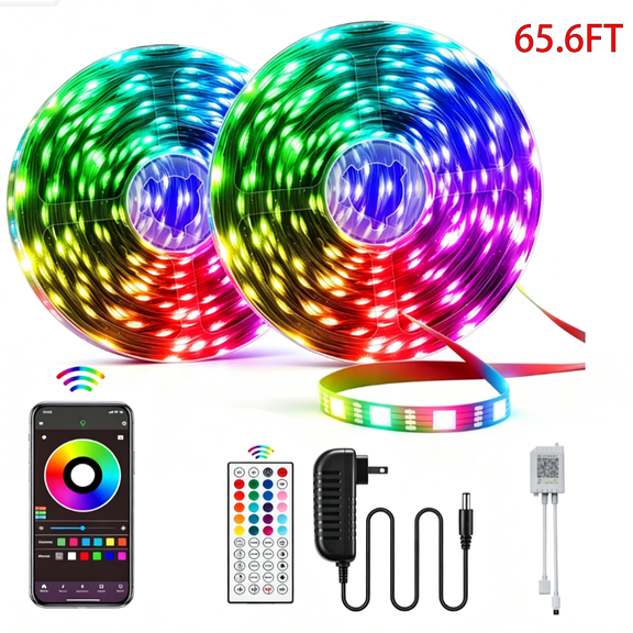 65.6FT/20m LED Strip Lights,Music Sync Color Changing RGB LED Strip Built-in Mic, Bluetooth app Controlled LED Lights Rope Lights, 5050 RGB LED Light Strip(APP Remote Mic Music)