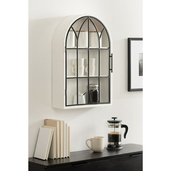 Kate and Laurel Megara Decorative Wooden Hanging Arched Wall Cabinet with Door for Open Storage, 16 x 6 x 24, White and Black, Wooden Floating Wall Bathroom Cabinet for Above Toilet Storage