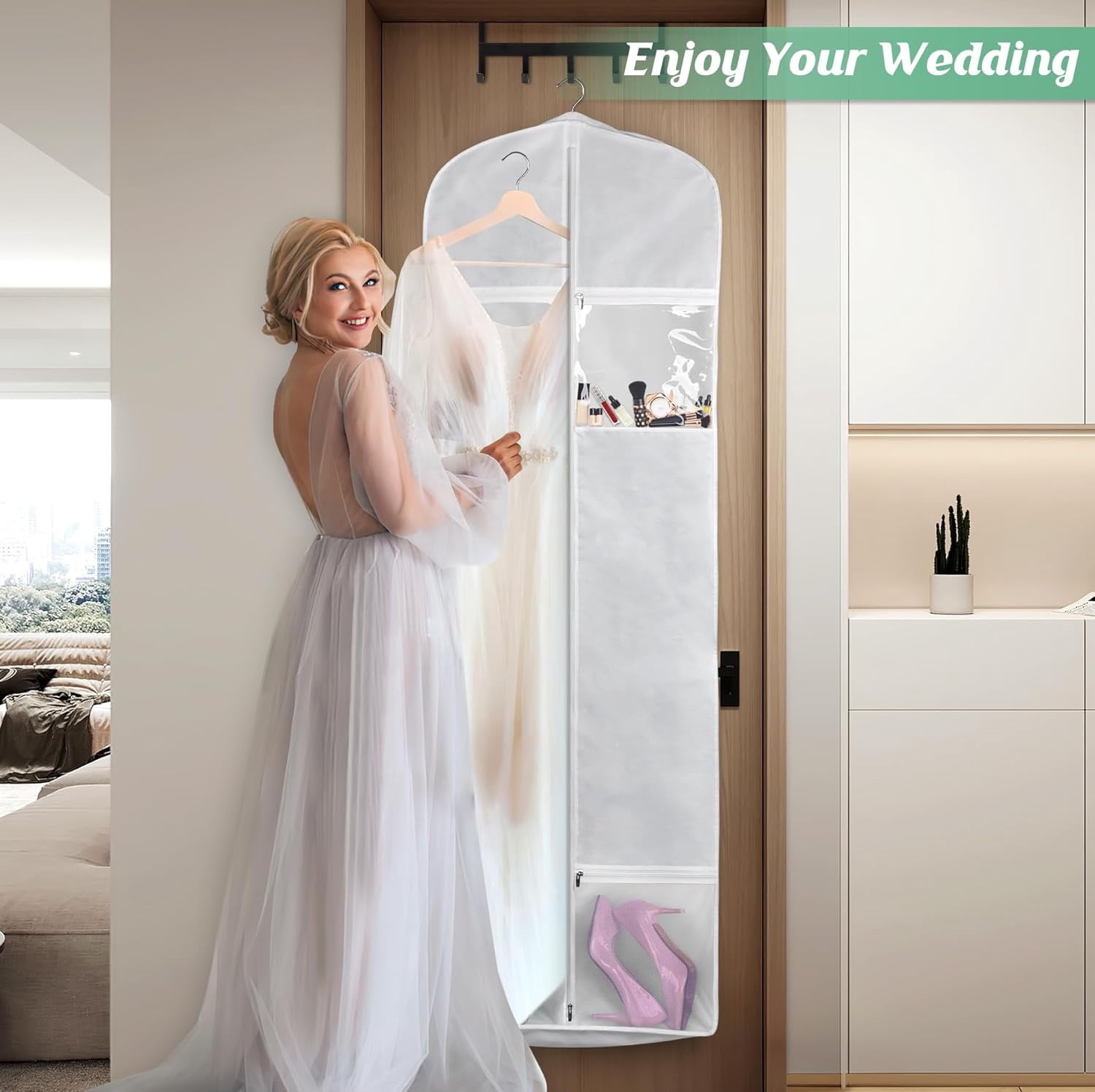 Wedding Dress Garment Bag,70 in Bridal Gown Dress Storage Bag with Tote Bag,4 Pockets Travel Garment Storage Bag for Prom,Evening Gowns,Hanging Clothes Storage Bag for Puffy Bridal Gowns Cover,White
