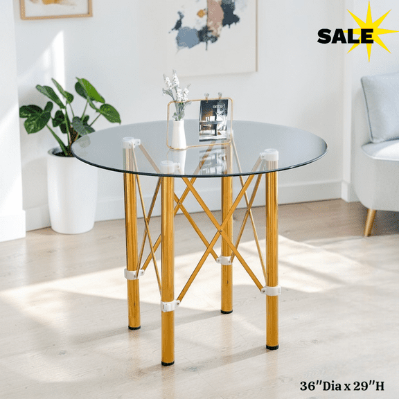 GZXS 36" Round Dining Table with Folding Metal Legs, Modern Tempered Glass Kitchen Table for Small Spaces, Dining Room or Apartment (Clear Gold)