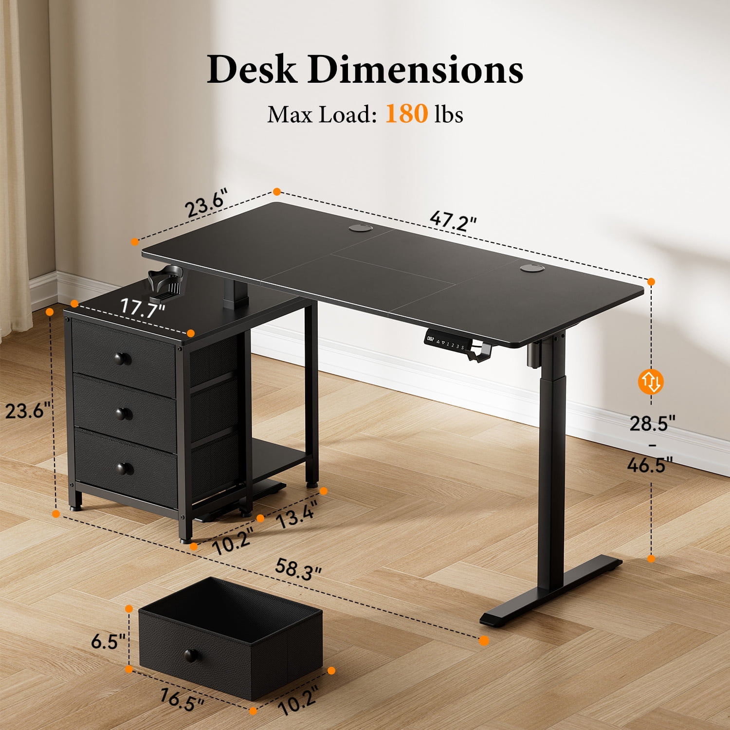 GUNAITO 47.2" Electric Standing Desk with 3-Drawer Cabinet, Adjustable Height Desk with Memory Panel, Office & Gaming Desk，Black