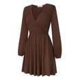 thumbnail image 3 of Furvclv Women Long Puff Sleeve Mini Dress Deep V Neck Solid A-Line Party Casual Dress, 3 of 9