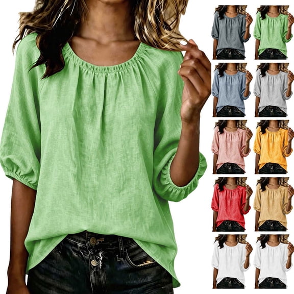 Craaazy Womens 3/4 Sleeve Blouses Basic Solid Color Round Neck Gathered Neck Elastic Cuff Linen Look Casual Pullover Top for Women Spring Summer Daily Wear