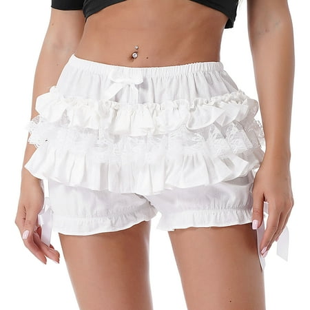 CHICTRY Womens Lace Trim Layered Lolita Shorts Bowknot Ruffled Bloomers Loose Pumpkin Shorts White-A M