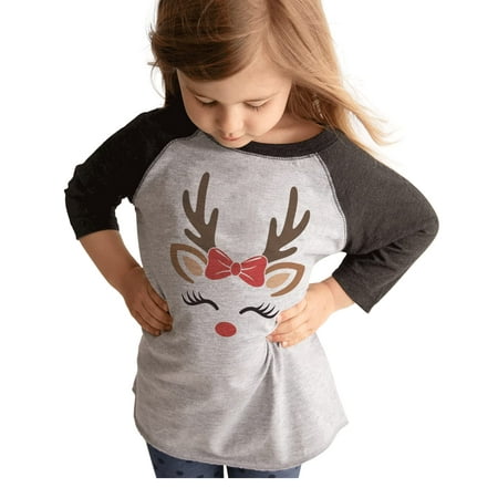 

7 ate 9 Apparel Kids Merry Christmas Shirts - Reindeer with Bow - Grey Shirt 4T