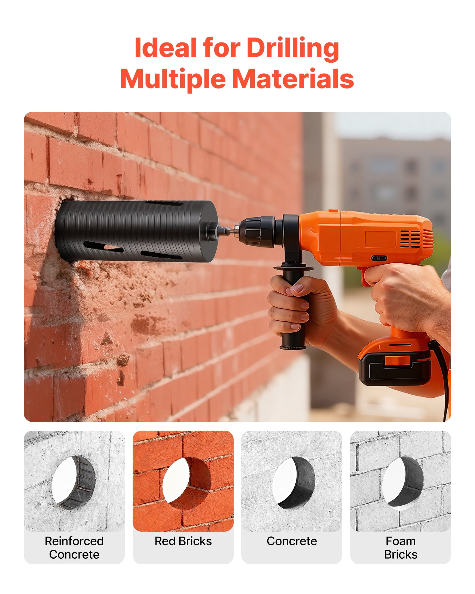 VEVOR Core Drill Bit, 4-1/4 inch Diameter, 9-1/2 inch Drilling Depth, 5/8-11 Internal Thread, Diamond Dry Coring Bit with 3 Adapters, Pilot Drill and Hex Wrench, for Concrete, Red Bricks, and Masonry