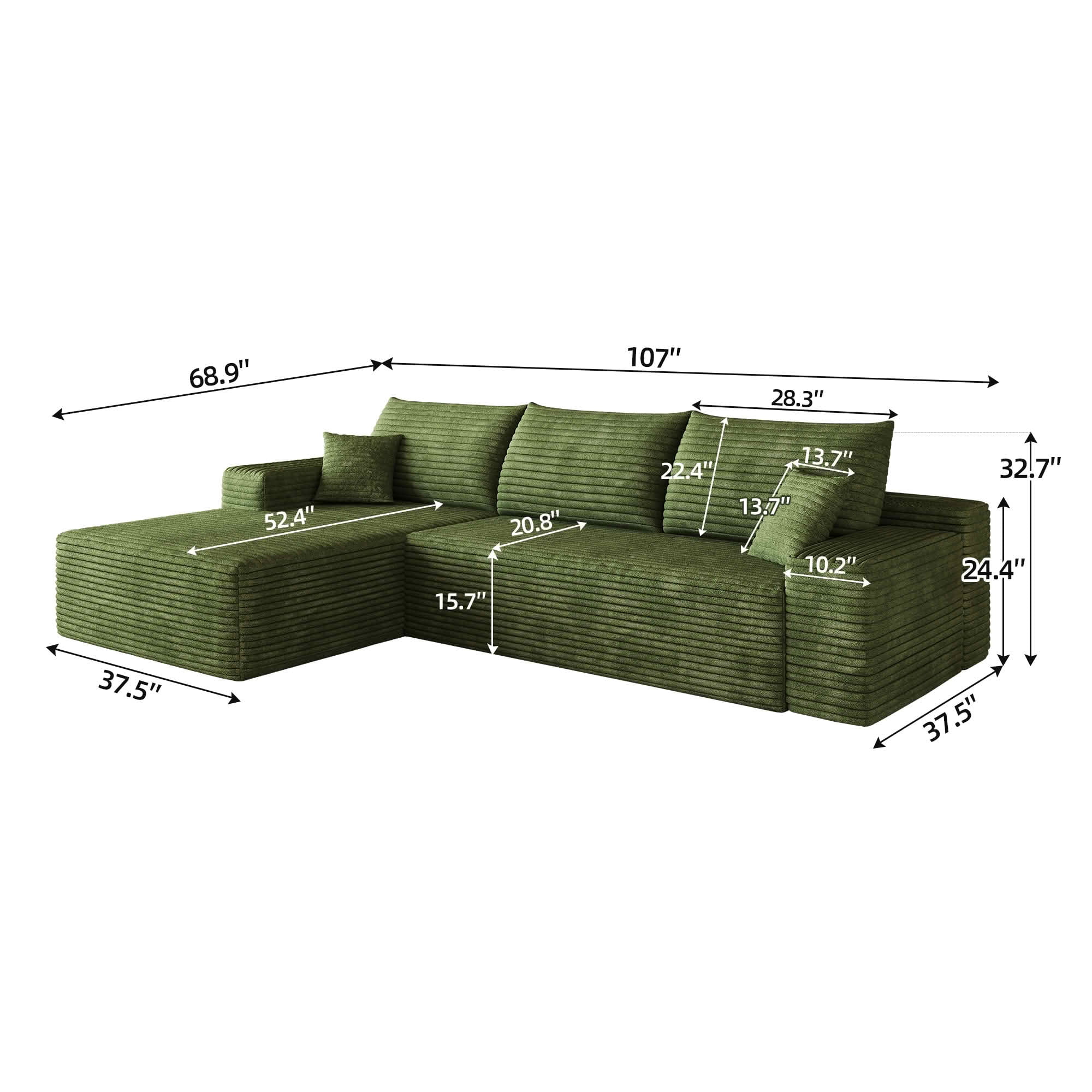 MAYEERTY 107-Inch Green Plush Corduroy 3-Seat L-Shaped Cloud Modular Sectional Sofa, Deep Seat Couch with Chaise No Assembly Required