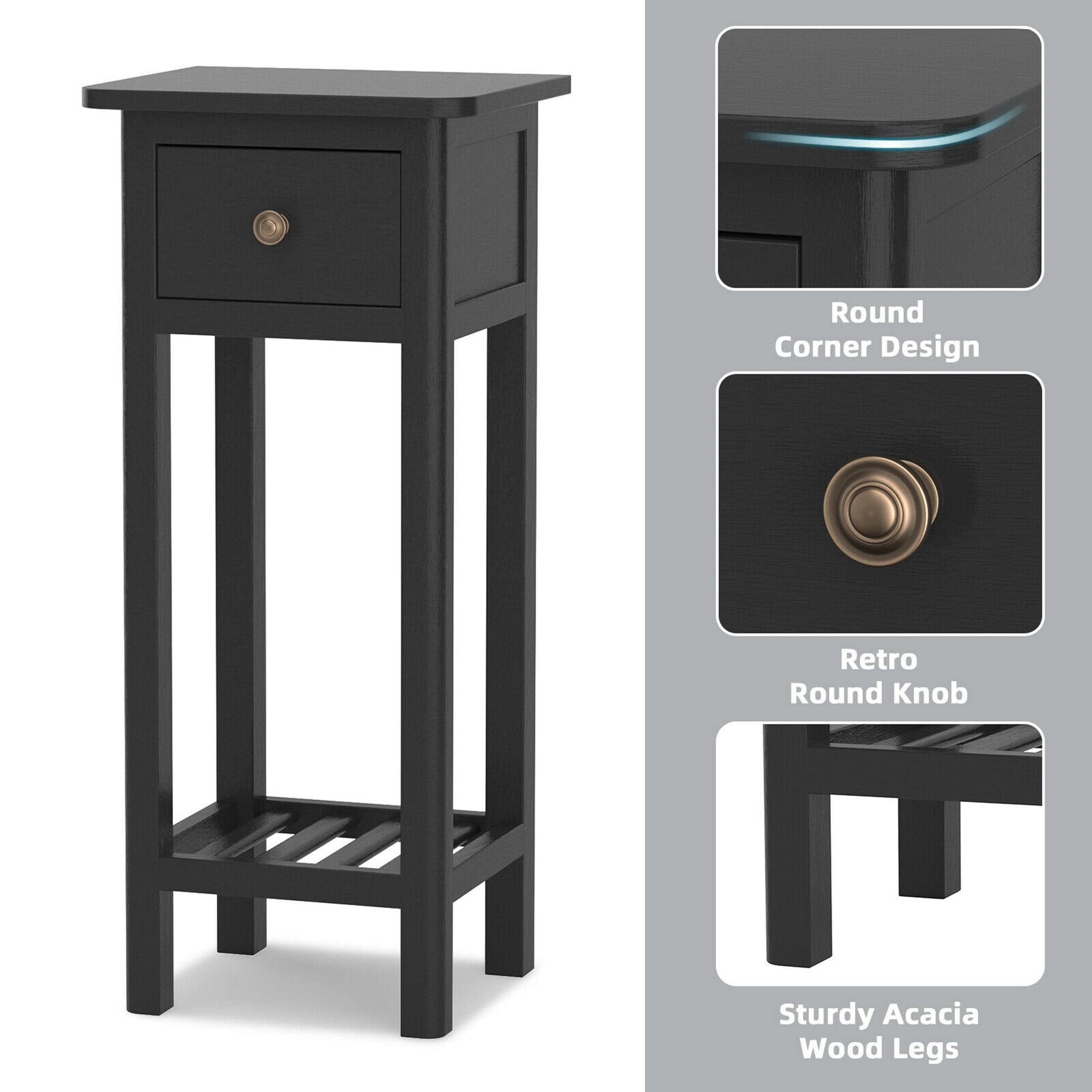 Gymax Acacia Wood Side Table with Drawer, Black