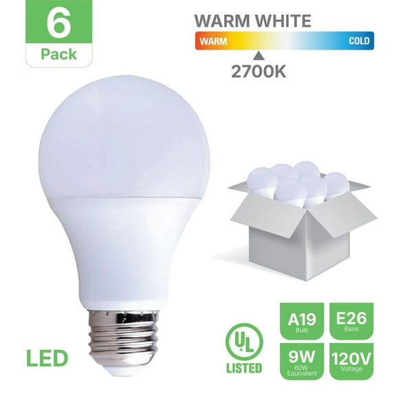 LED A19 Bulb 9W 2700K Dimmable UL & Energy Star Listed (Eiko) - Pack of 6