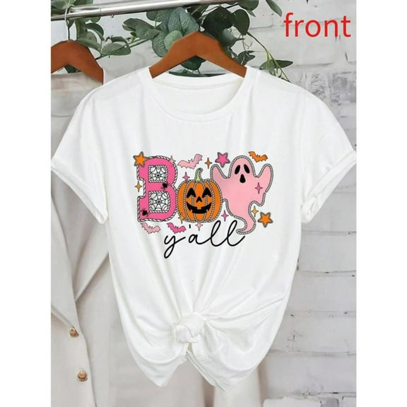 Halloween Pattern T-Shirt Casual Tee Relaxed Fit Top Short Sleeve Round Neck Breathable White S-5XL