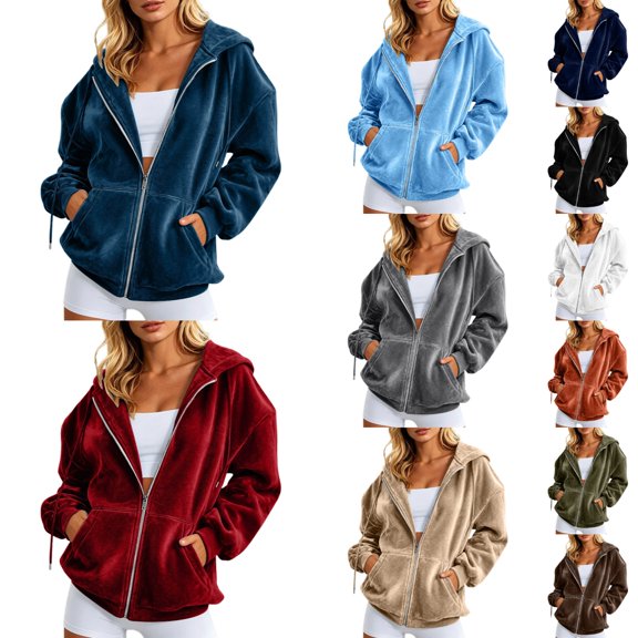 KHONTS Velvet Zip up Hoodie for Women Fashion Long Sleeve Hooded Sweatshirts Cozy Fall Winter Jackets Tops White XL
