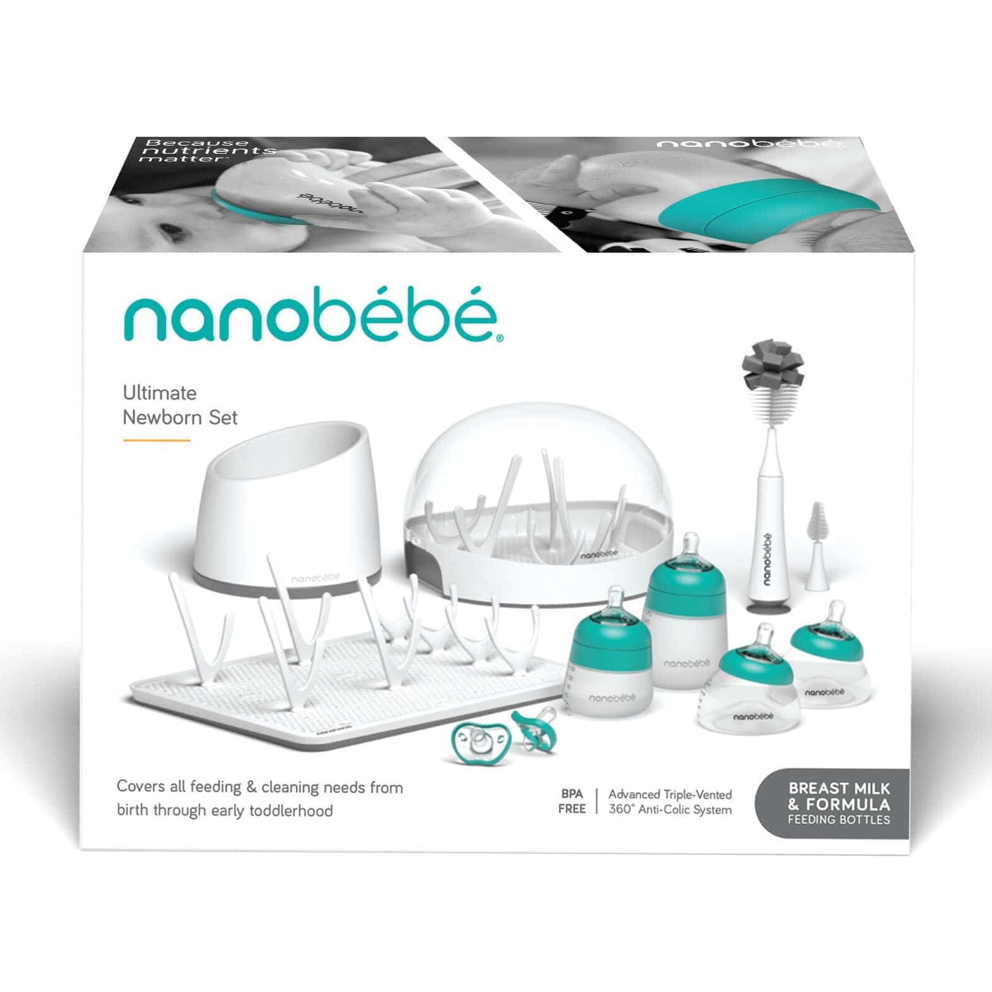 Nanobebe Breastmilk and Silicone Baby Bottle Ultimate Set Gen 2, 5oz and 9oz - with Sterilizer, Drying Rack, Anti-Colic Nipples, Pacifiers, and Warmer - Teal/Grey
