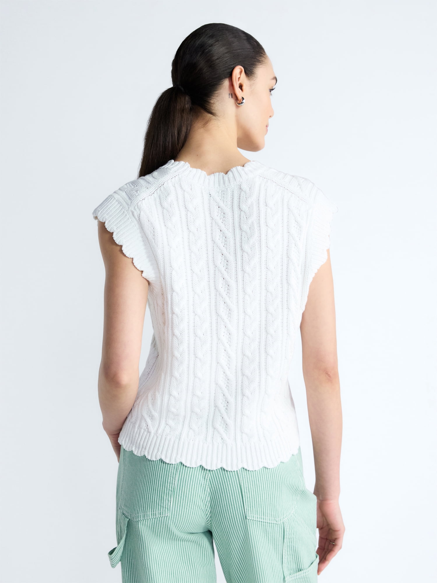 Free Assembly Women's Scalloped Cable Knit Cotton Vest, Sizes XS-XXL