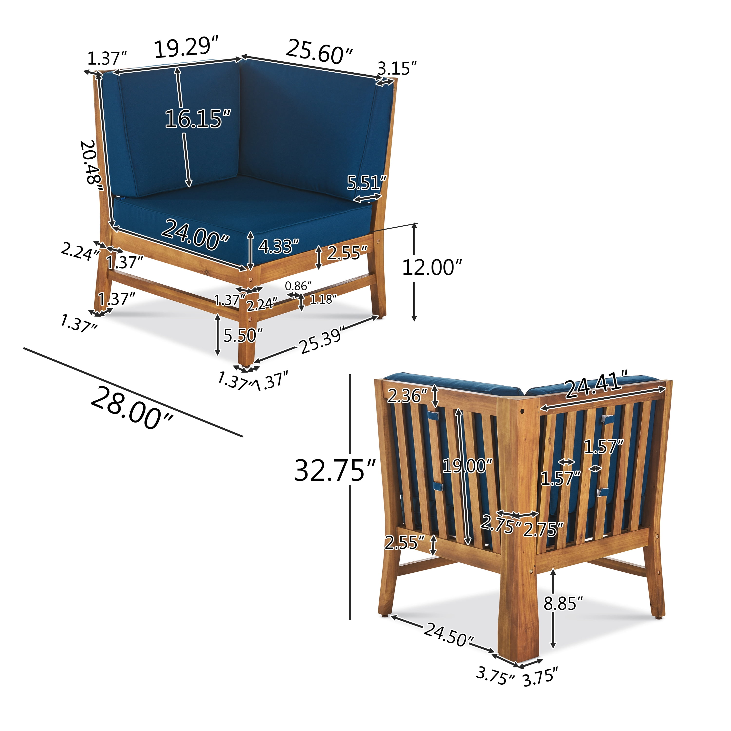 Hermosa Outdoor 5 Piece Chat Set with Cushions (No Coffee Table), Blue, Teak Finish