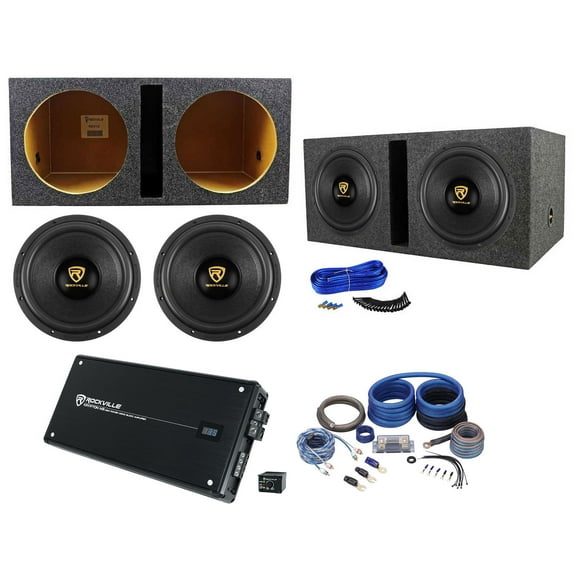 (2) Rockville W12K9D4 12" 8000w Subwoofers Vented Sub Box Mono Amplifier Amp Kit