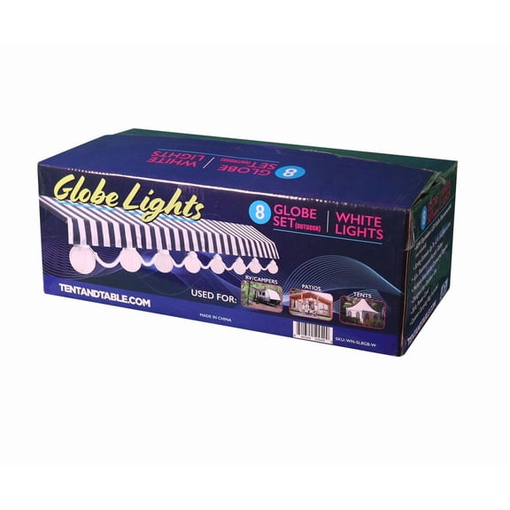 TentandTable 8 Globe Light Set, White with White Cord, 30 ft