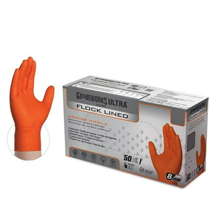 Gloveworks AMXGWUOFN44050 Ultra Flock Lined RDT Nitrile Gloves, Orange - Medium