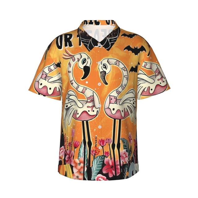 Fotbe Halloween Flamingos Camisa Hawaiana para Hombre Unisex – Camisa Casual de Verano con Botones de Manga Corta de Algodón y Lino,X-Large