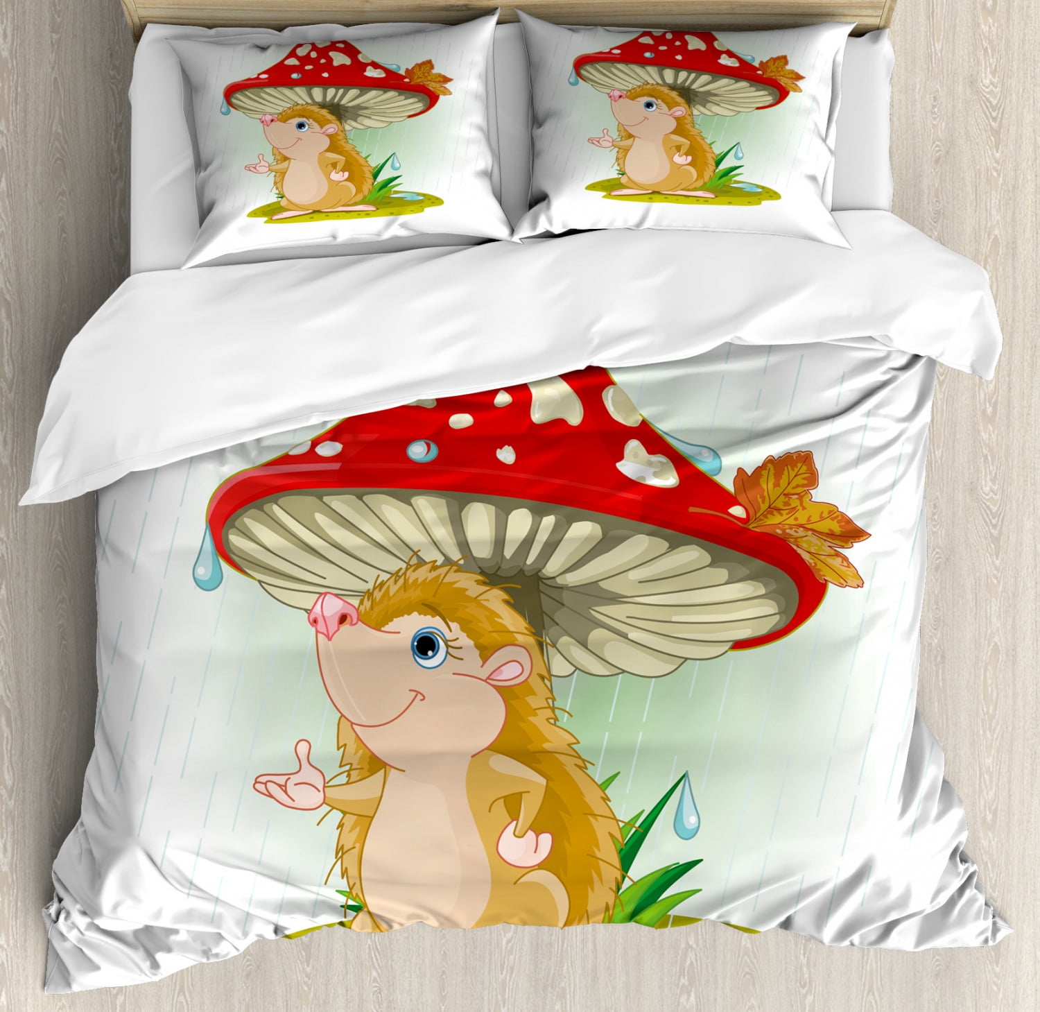 Hedgehog Duvet Cover Set, Cute Hedgehog Sheltering from the Rain under