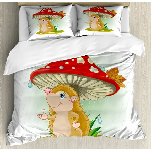 Hedgehog Duvet Cover Set King Size, Cute Hedgehog Sheltering from the Rain under an Oversized Mushroom Vivid Colors, Decorative 3 Piece Bedding Set with 2 Pillow Shams, Multicolor, by Ambesonne