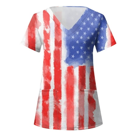 

Women Scrubs Top Independence Day Printed Daily V Neck 4th Of July Printed Short Sleeve Workout Casual Loose Tees Nurses Clothes With Pocket Daily Nursing Uniforms Nursing Care Working Uniforms