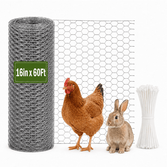 Chicken Wire Fencing 16 Inch x 60 Ft Galvanized Hexagonal 1 Inch Mesh Poultry Wire Netting for Garden, Chicken Coop, Rabbit & Dog Barrier