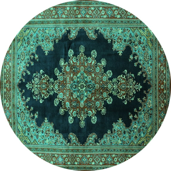 Ahgly Company Machine Washable Indoor Round Medallion Turquoise Blue Traditional Area Rugs, 8' Round