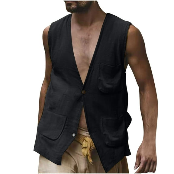 Eryao Mens Cotton Linen Vest Lightweight V Neck Sleeveless Jacket Breathable Beach Travel Button Down Waistcoat,Black,L