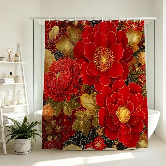 Red Floral Shower Curtain Gold Leaves Fabric Bathroom Decor 71x71 Inches