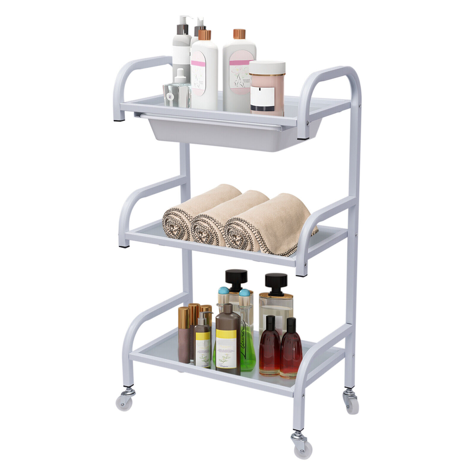 3Tiers 1 Drawer Storage Shelf Hairdresser Rolling Trolley Cart with Wheels