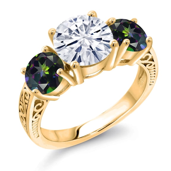 Gem Stone King 18K Yellow Gold Plated Silver White Moissanite and Green Mystic Topaz Engagement Ring for Women | 3.90 Cttw | Round 8MM | Gemstone Birthstone | Size 9