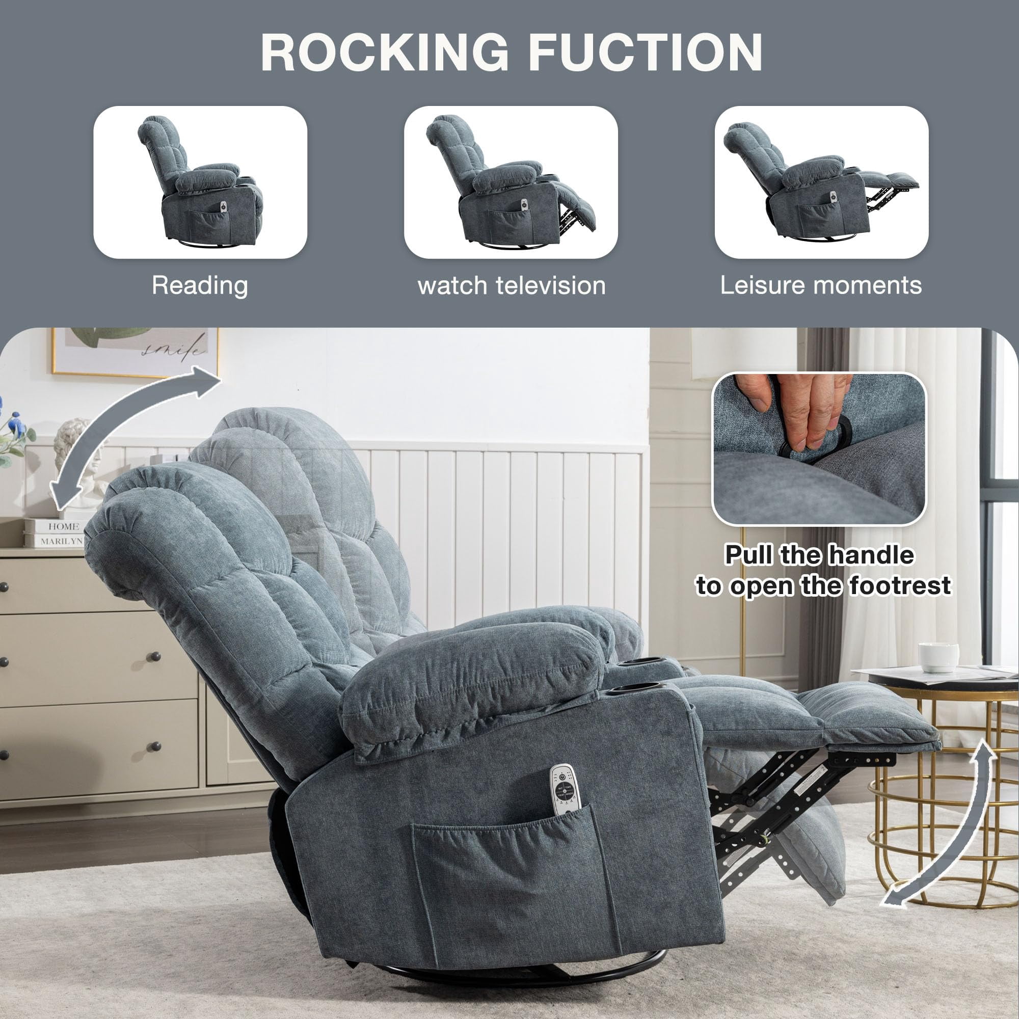 CARZZI LIFE Oversized Massage Swivel Recliner Chair with Lumbar Heating for Living Room Rocker Recliner Single Sofa with Cup Holders and USB Charge Port, Large Big Chair Recliners for Adult