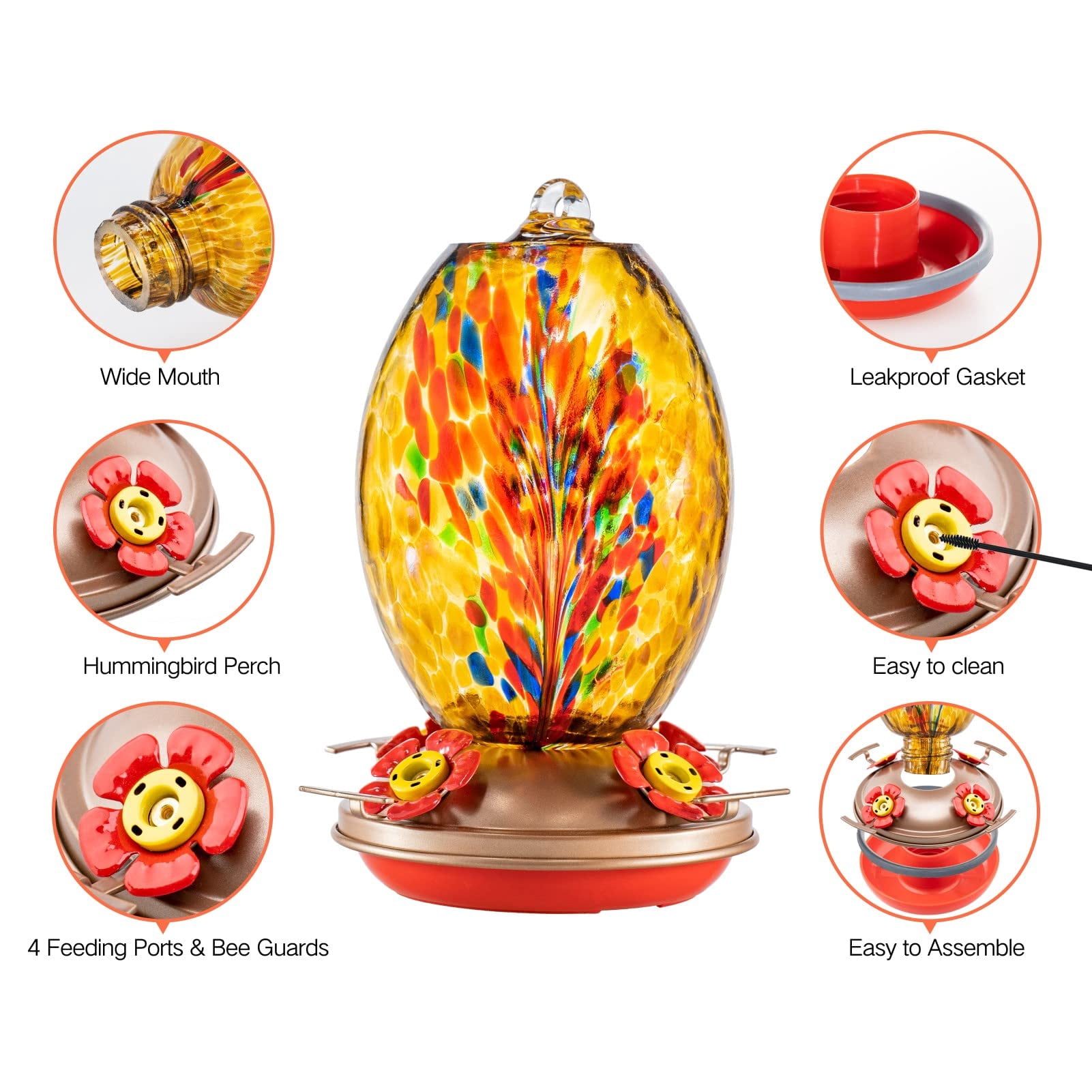 Amber Fireworks Blown Glass Hummingbird Feeder For Outdoors