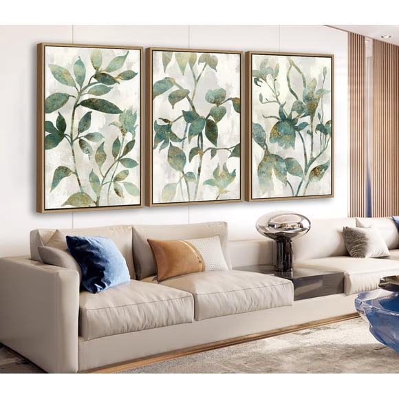 Grande Toile Murale Encadrée - Tableau Flottant Naturel Encadré Fleurs Blanches Feuilles Vertes Images Déco Simple Plantes Botaniques Oeuvre pour Salon Chambre