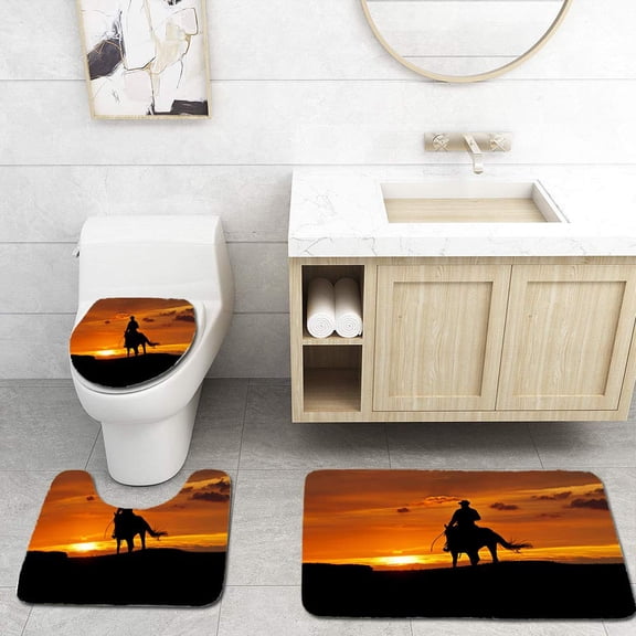GOHAO Cowboy Rides into Sunset 3 Piece Bathroom Rugs Set Bath Rug Contour Mat and Toilet Lid Cover