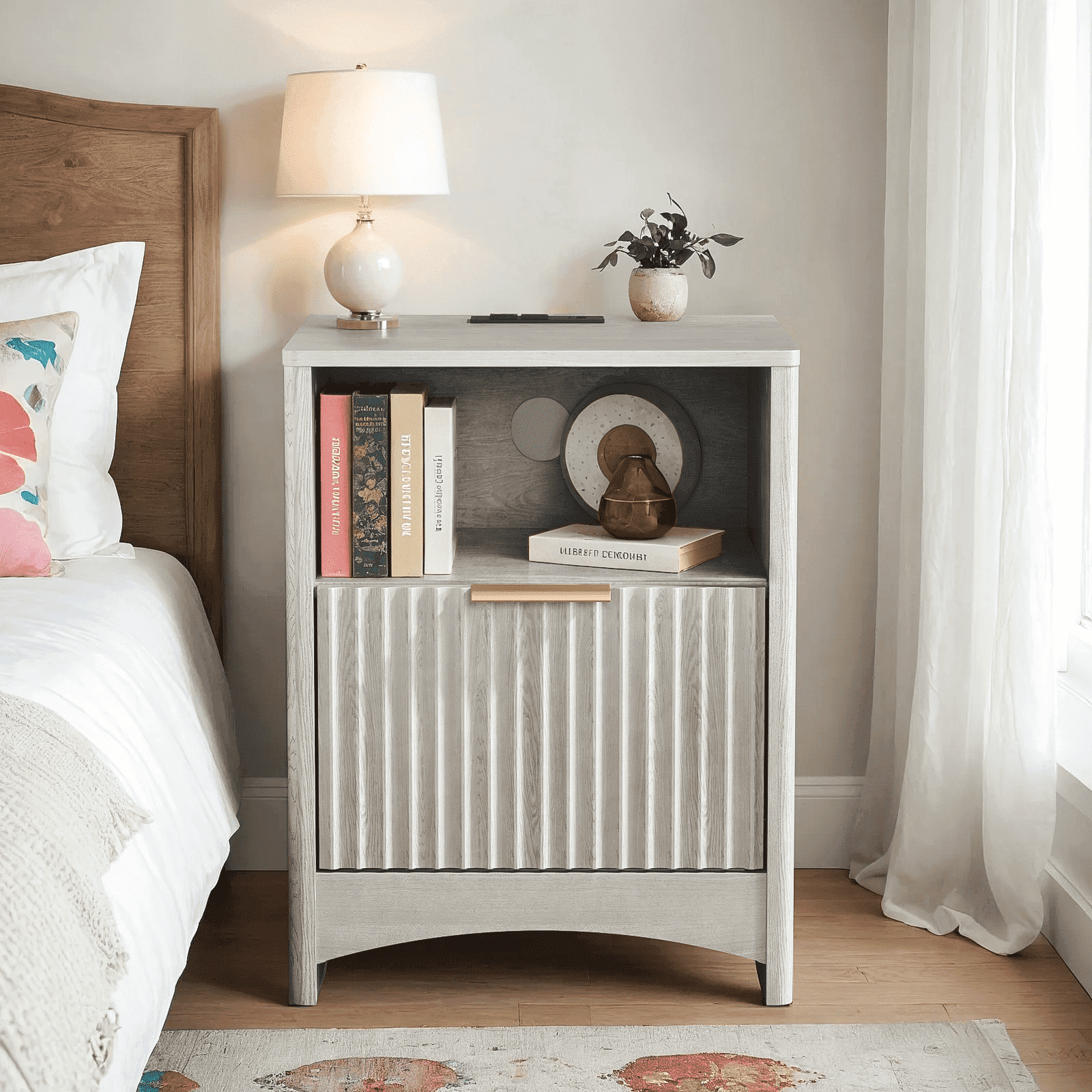 CHITOOMA Fluted Nightstand Set of 2 with Charging Station, Wood Bedside Table with Drawer & Open Shelf, Small End Table for Bedroom Living Room, Gray