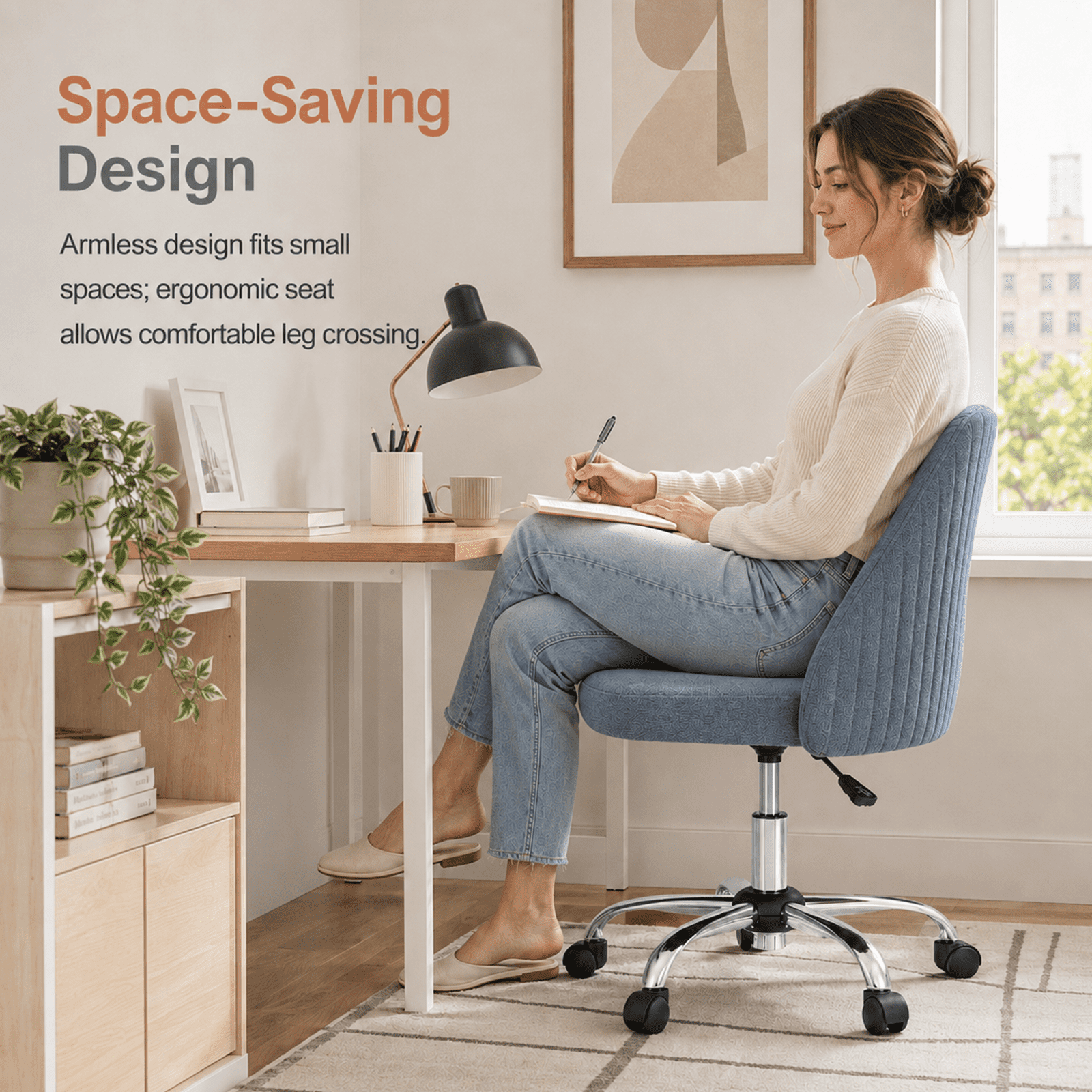 Alvantor Comfy Office Chair, Adjustable Swivel Desk Chair with Wheels, Wide Seating, Modern Fabric Vanity Chair