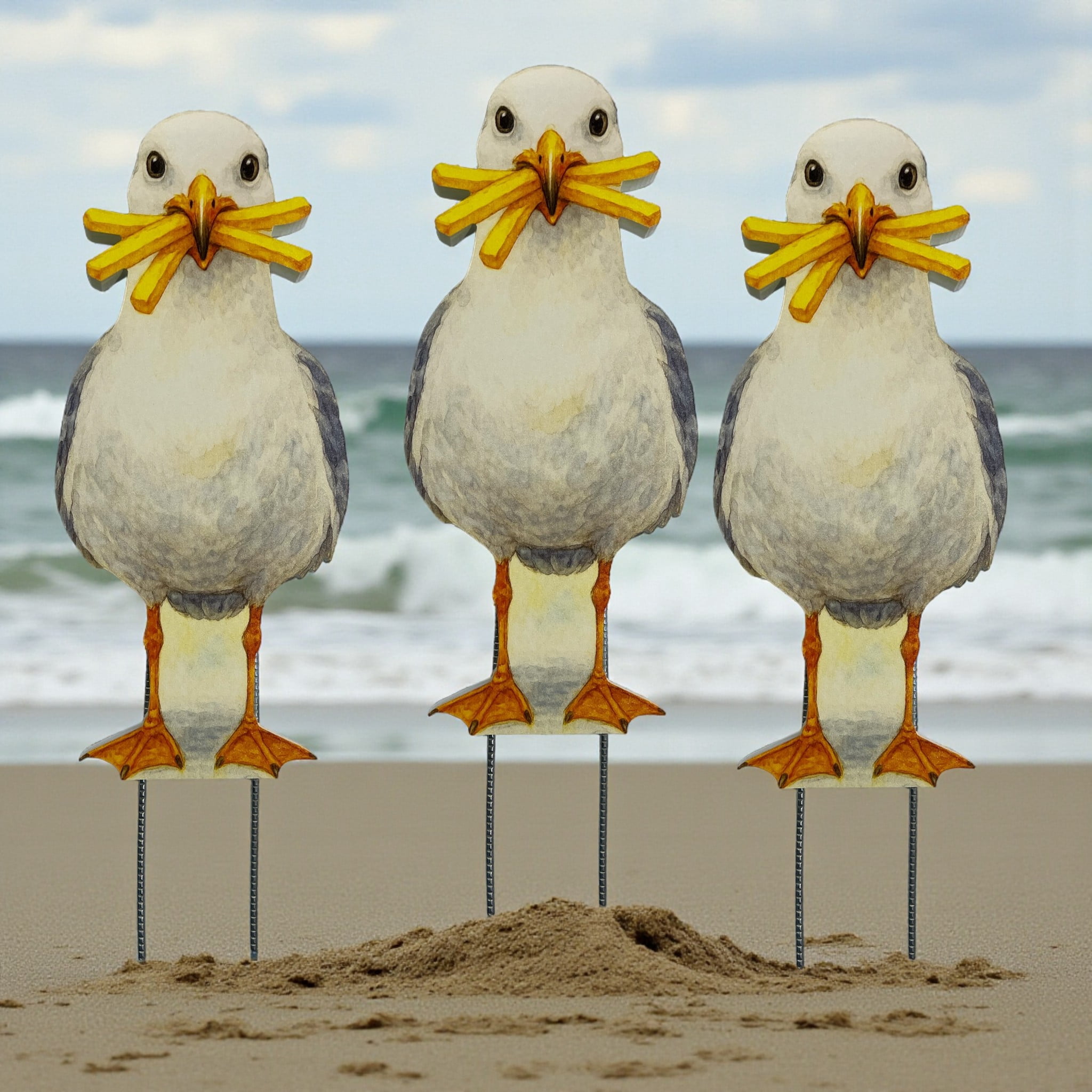 Seagull Yard Signs - Funny Beach Bird Lawn Decorations with French Fries, PVC Outdoor Decor with Metal Stakes