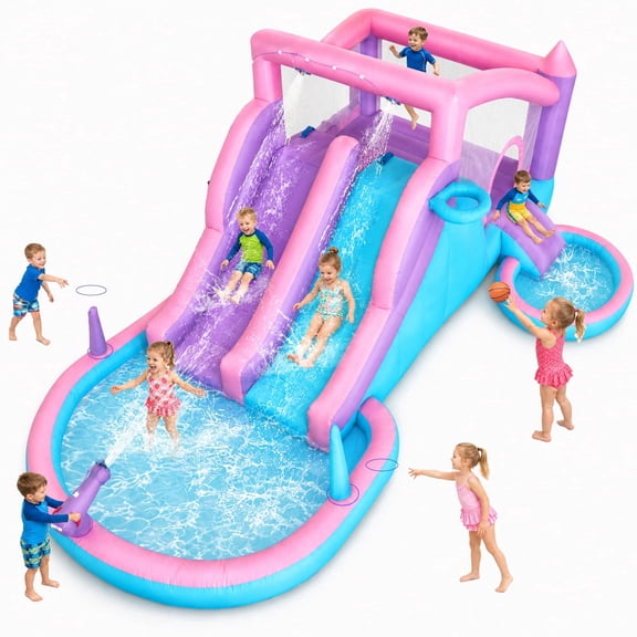 Anypool Inflatable Water Slide Bounce House 9-in-1 Backyard Water Park Double Racing Slides Splash Pool Ages 3-8