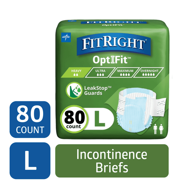FitRight Adult Incontinence Briefs, Diapers with Tabs, Leak Stop Guards, Heavy Absorbency, Large, 48in to 58in, 80 Count