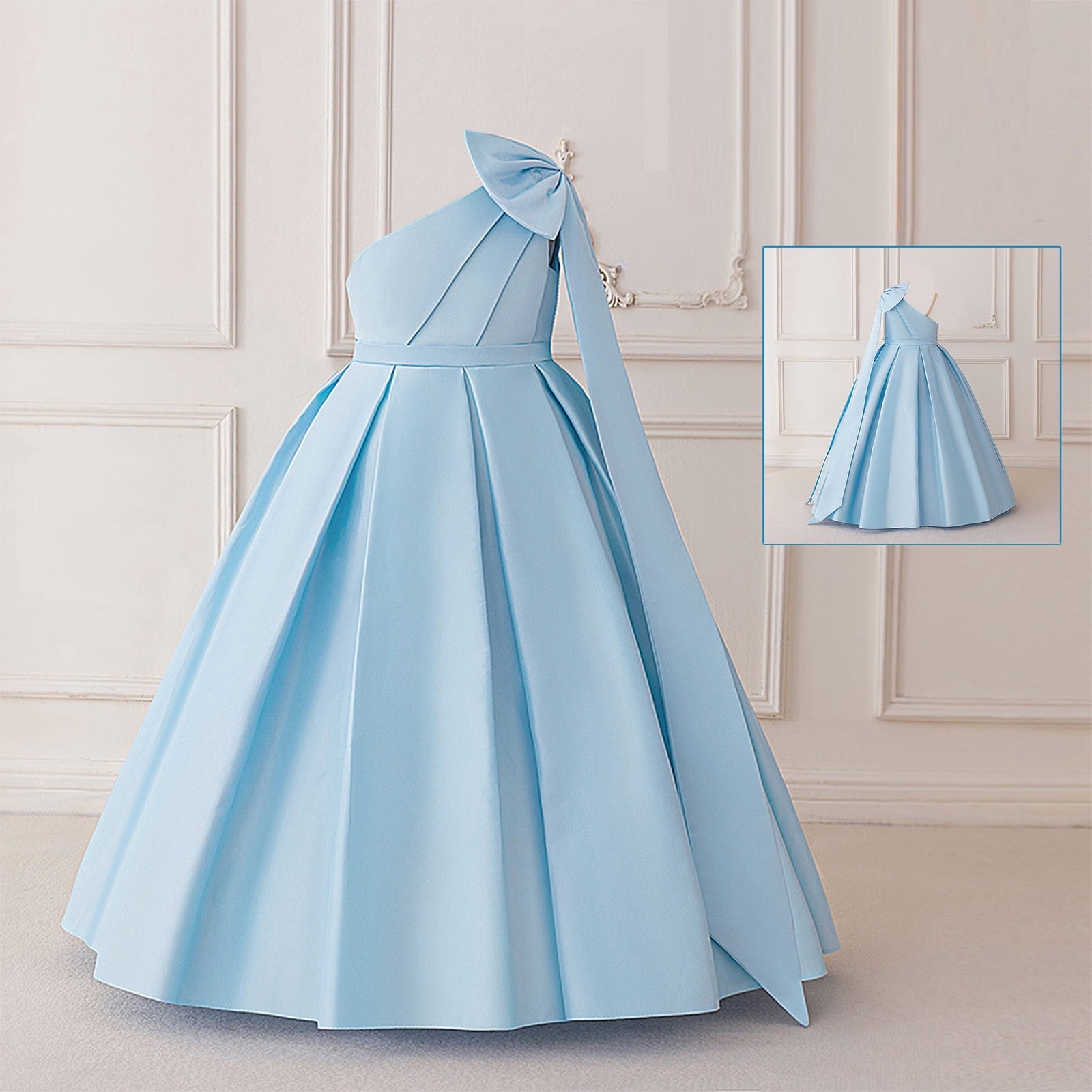 Wdgfv Girls Satin Formal Dress Bow Shoulder Straps Pageant Party Gown Elegant Evening Toddler Dresses for Sky Blue 9 Years