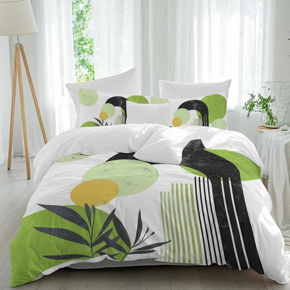 3 Piece Boho Middle Century Duvet Cover Set Queen Size,Microfiber Comforter/Quilt Cover with Corner Ties and 2 Pillowcases,Abstract Green Geometric Botanical All Season Bedding with Zipper Closure