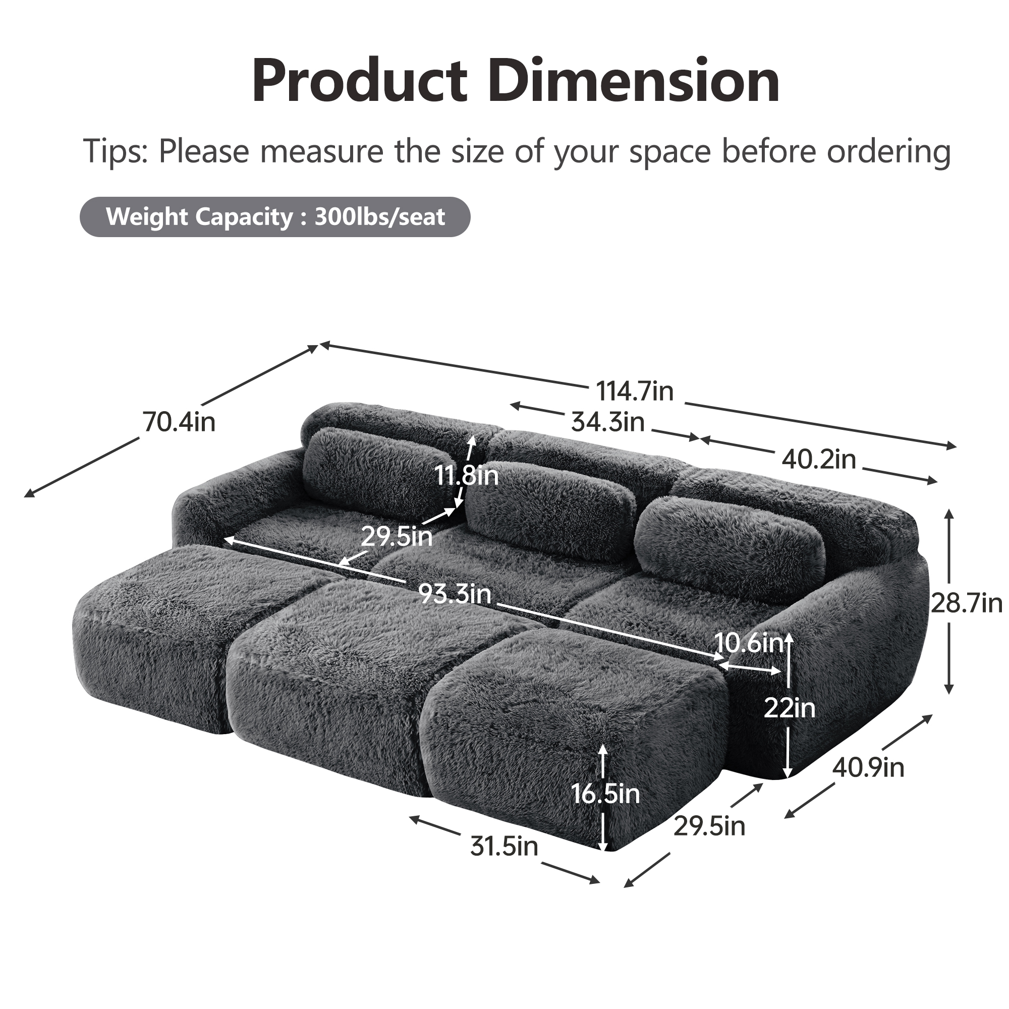Wakefit 114" Modular Sectional Sofa, Boneless Couche 3 Seater Deep Seat Compressed Sofa, No Assembly Required, Soft Fluffy Plush Fabric, Cloud Comfy Sofa Set with 3 Ottomans, Drak Gray