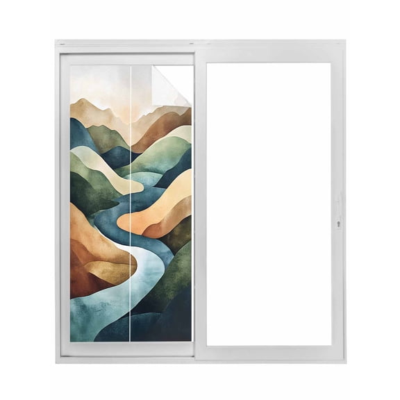 Colorful Abstract Art Window Privacy Film, Mountain Modern Watercolor Static Cling UV Sun Blocking Tint Film Heat Control Windows Films for Bedroom Bathroom, Window Stickers 29.5"x78.7"