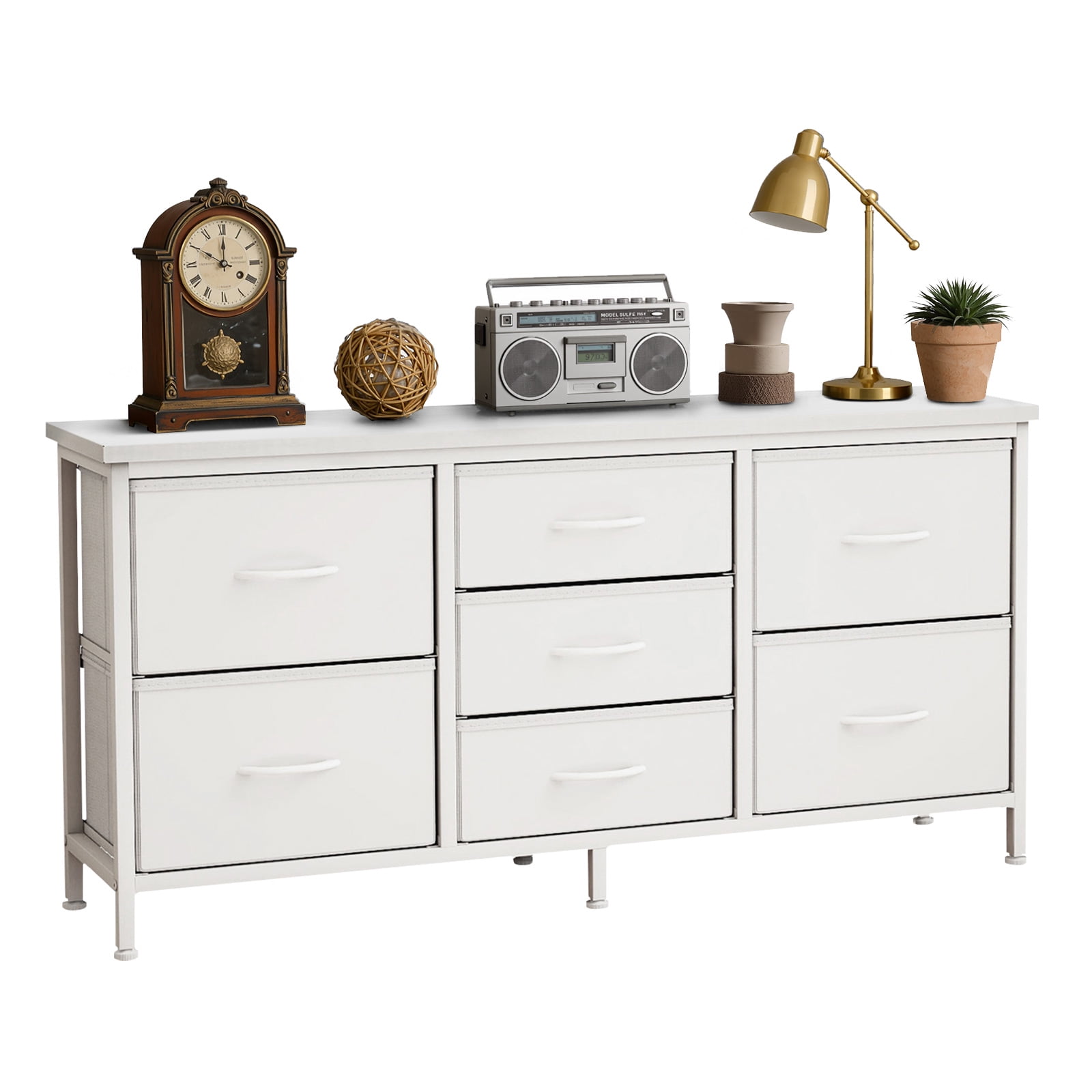 Dresser, Betcozy Storage Organizer with 7 Drawers for Bedroom, Chest of Drawers with Fabric Bins, Sturdy Metal Frame, Wood Tabletop for Guest Room, Closet, Entryway, Nursery, White