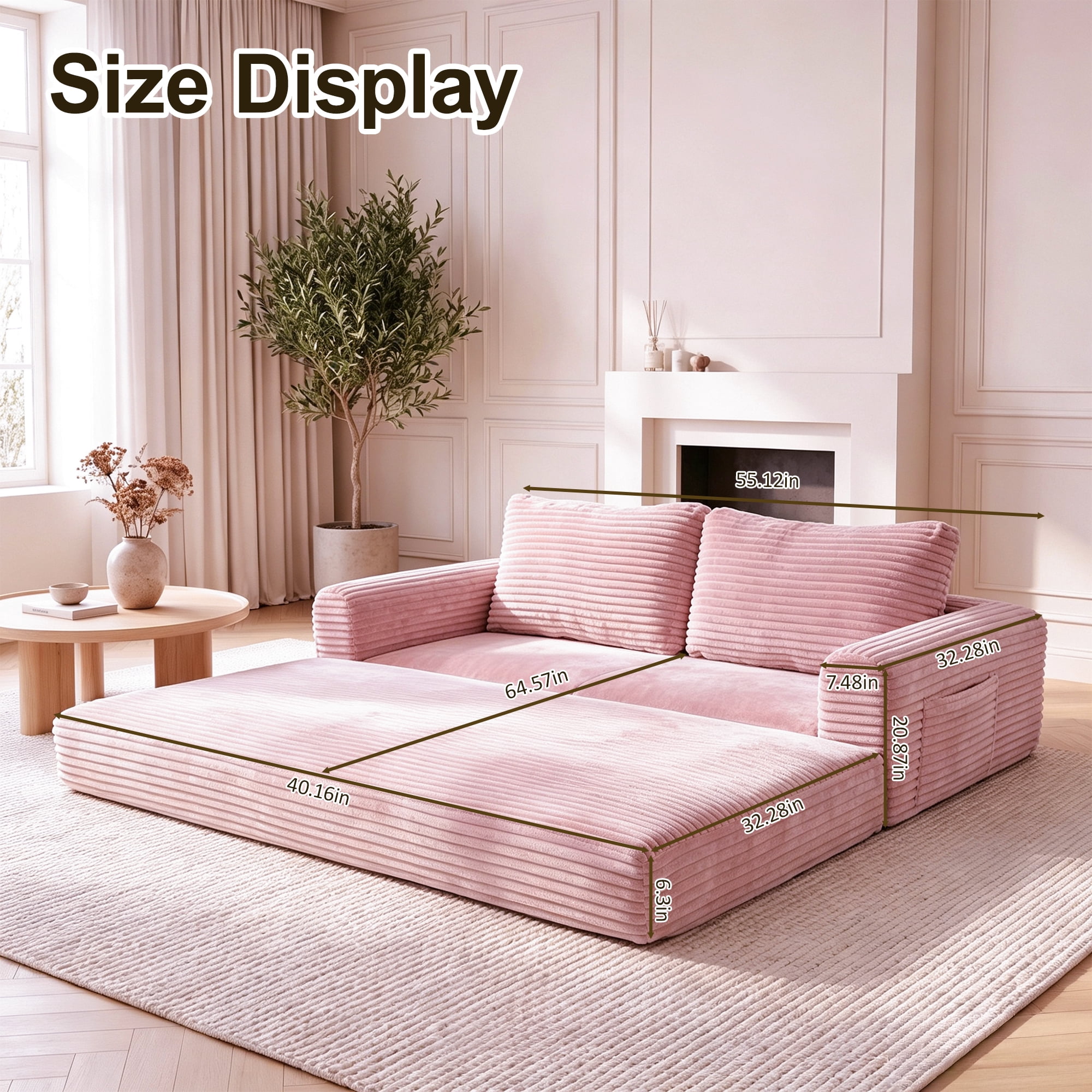 55" Convertible Futon Sofa Bed,Folding Boneless Couch with Sleeper Sofa,Fold Out Floor Sofa with Deep Seat,Cloud Corduroy Foldable Mattress Couch for Living Room,Pink