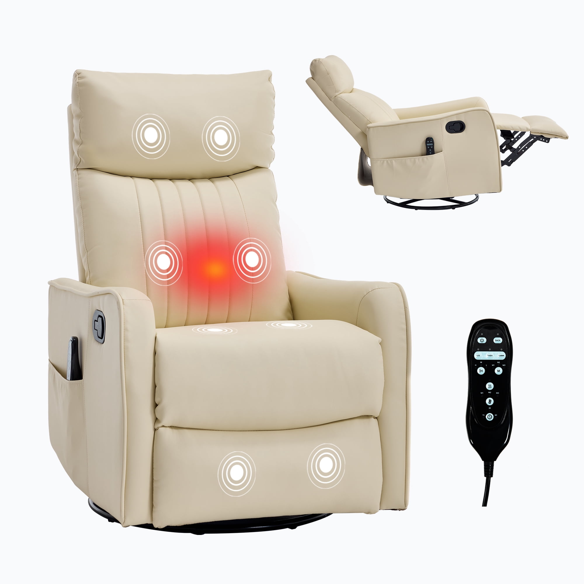 Aukfa Massage Recliner Chair with Heat, Faux Leather 360° Swivel Rocker Recliner, Overstuffed Manual Reclining Glider Chair with Vibration, Beige